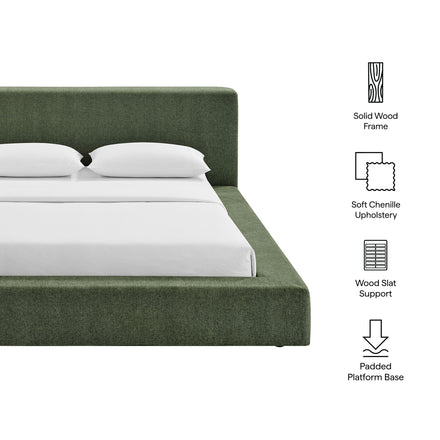 Luma Chenille Upholstered Queen Platform Bed Frame in Eucalyptus