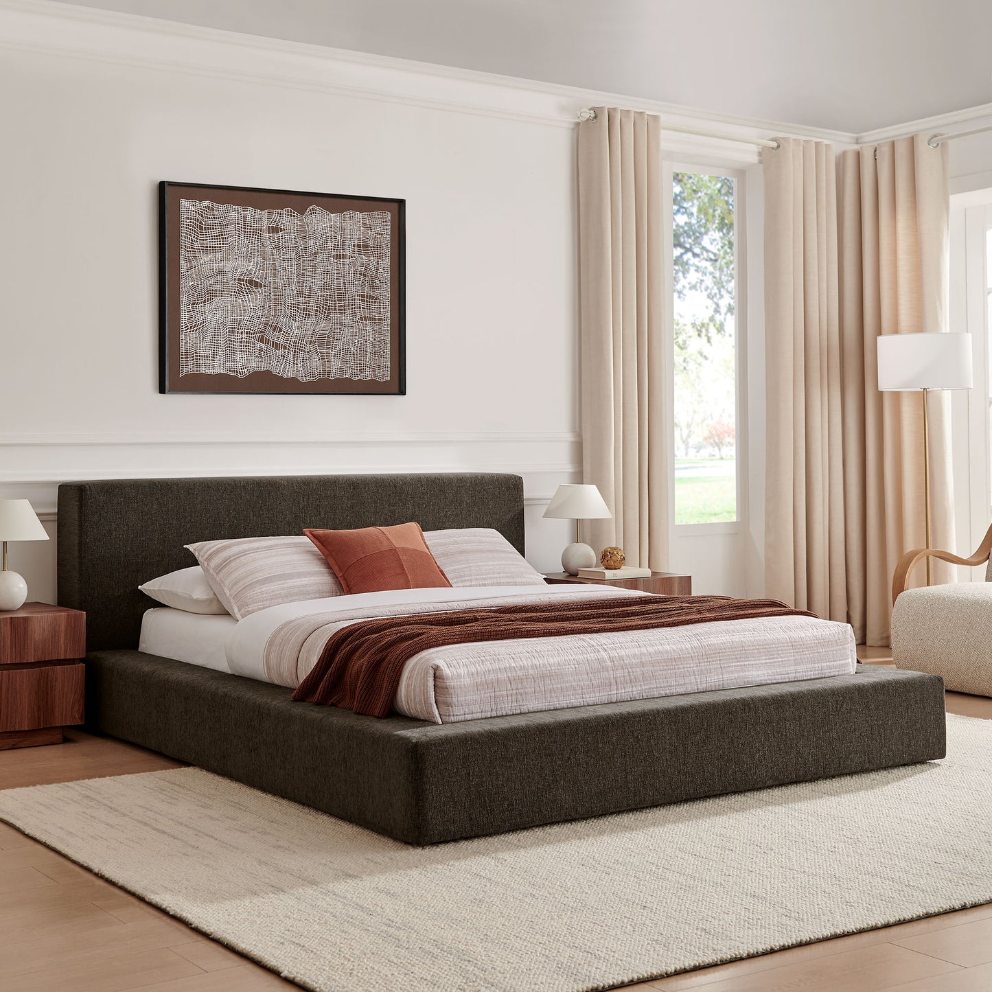 Kiln Chenille Upholstered Queen Platform Bed Frame in Java