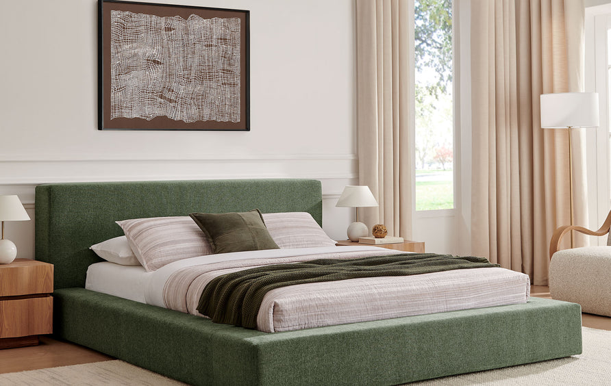 Kiln Chenille Upholstered King Platform Bed Frame in Eucalyptus