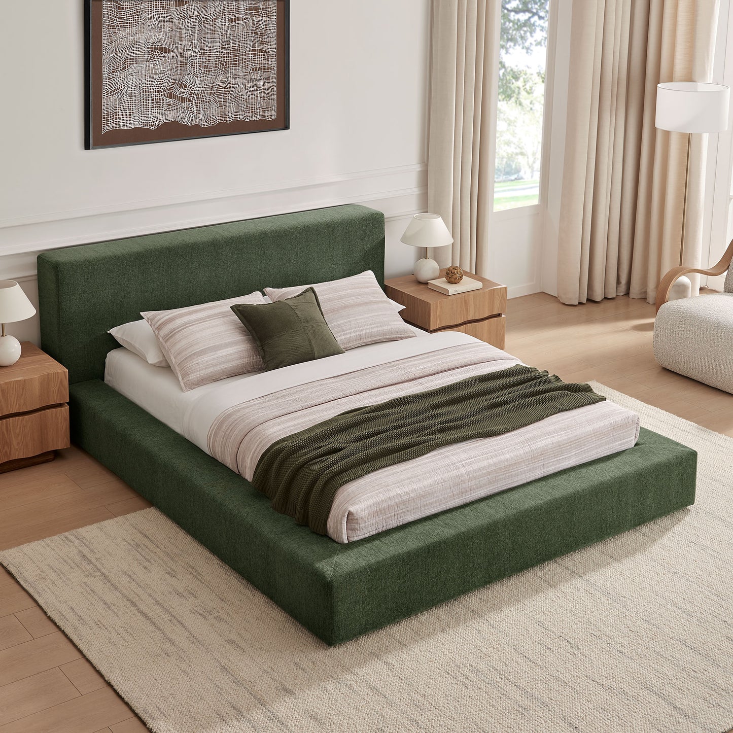 Kiln Chenille Upholstered King Platform Bed Frame in Eucalyptus