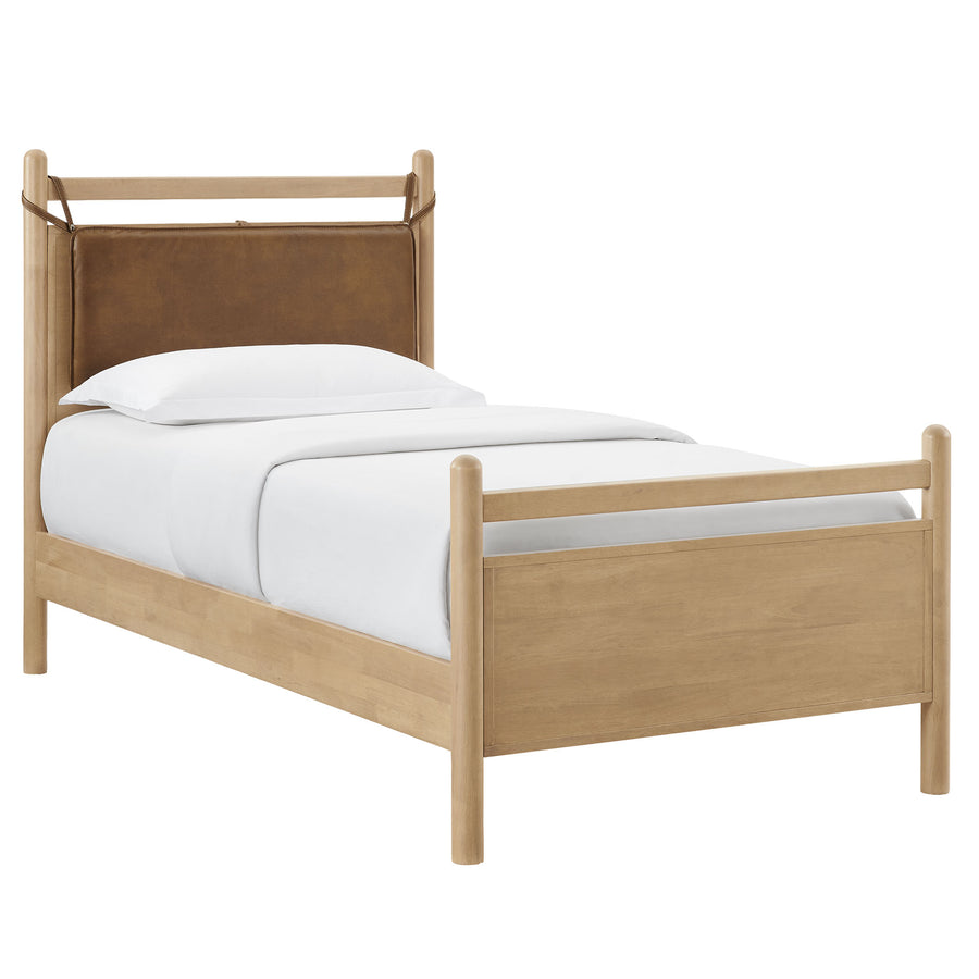 Loom Twin Size Vegan Leather and Wood Platform Bed Frame in Light Oak Canyon