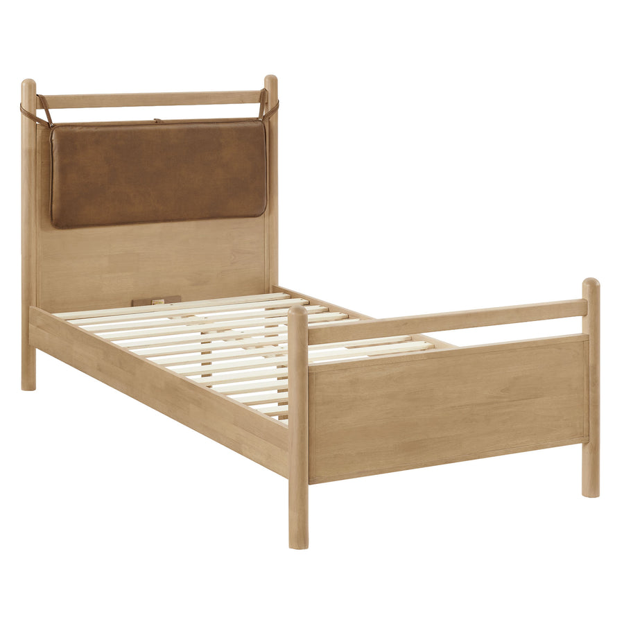 Loom Twin Size Vegan Leather and Wood Platform Bed Frame in Light Oak Canyon