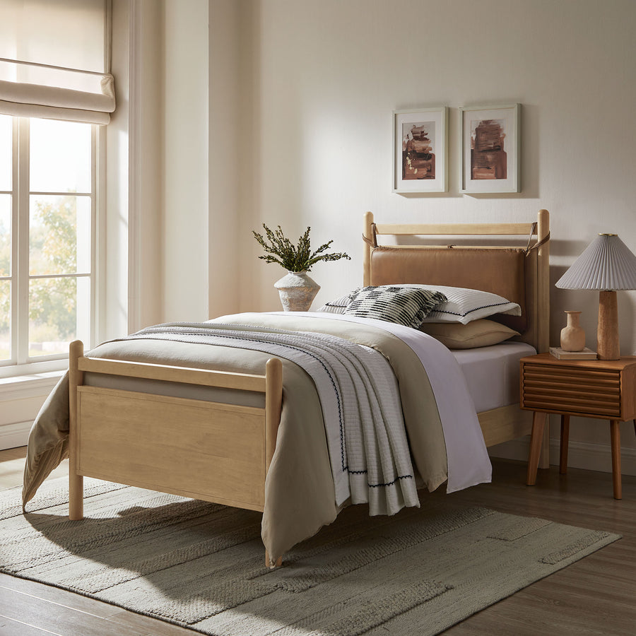 Loom Twin Size Vegan Leather and Wood Platform Bed Frame in Light Oak Canyon