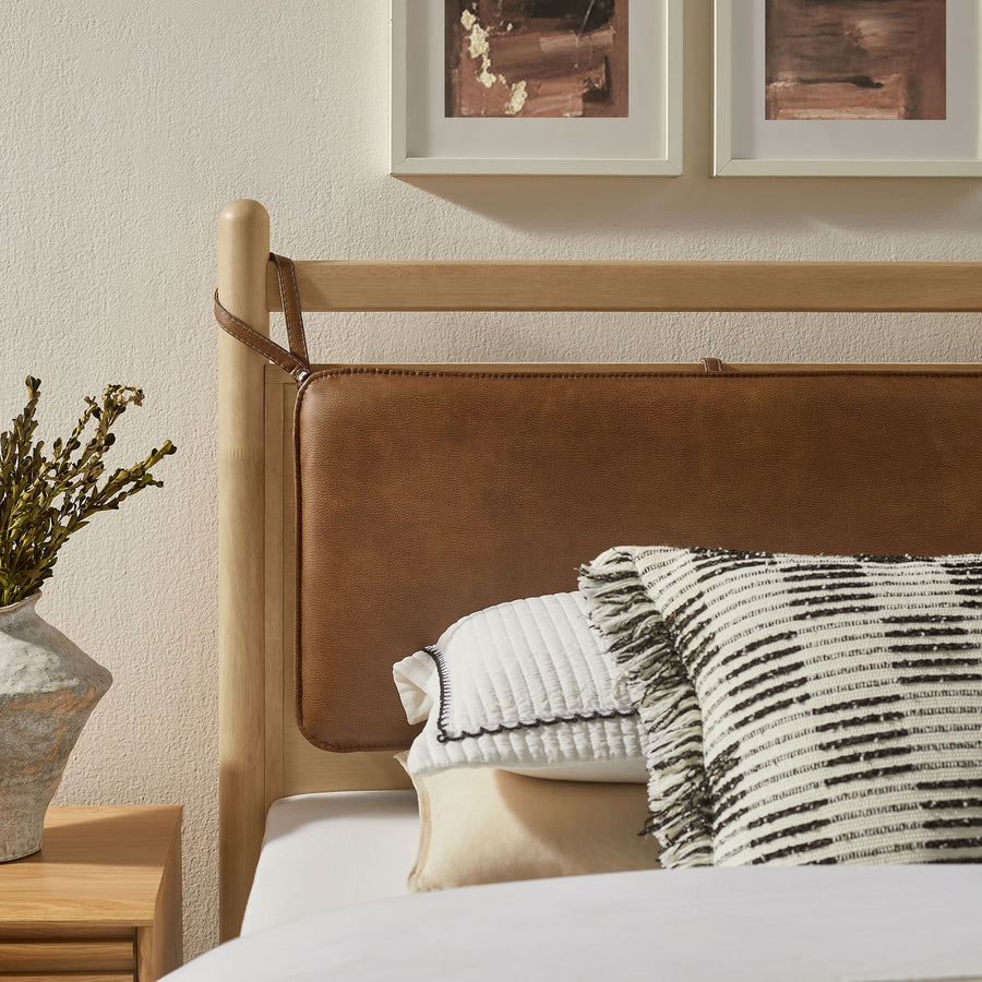 Loom Twin Size Vegan Leather and Wood Platform Bed Frame in Light Oak Canyon