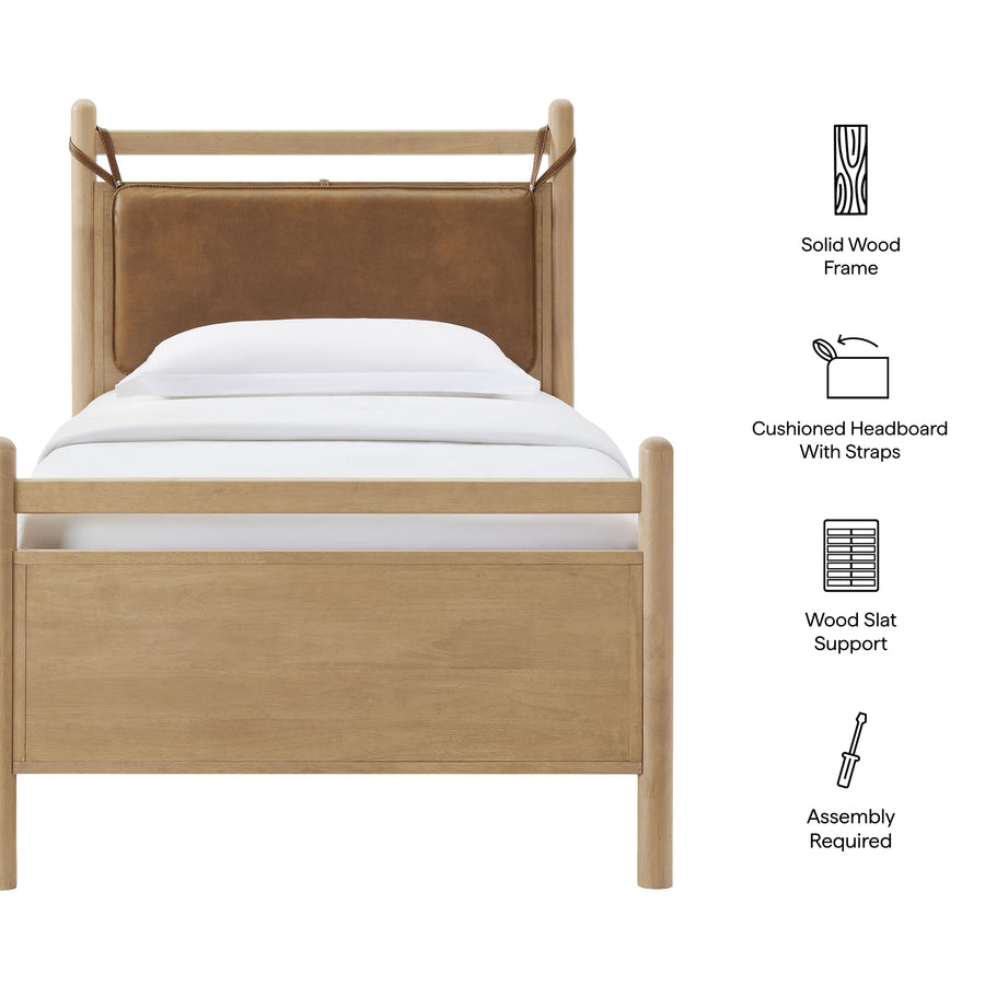 Loom Twin Size Vegan Leather and Wood Platform Bed Frame in Light Oak Canyon