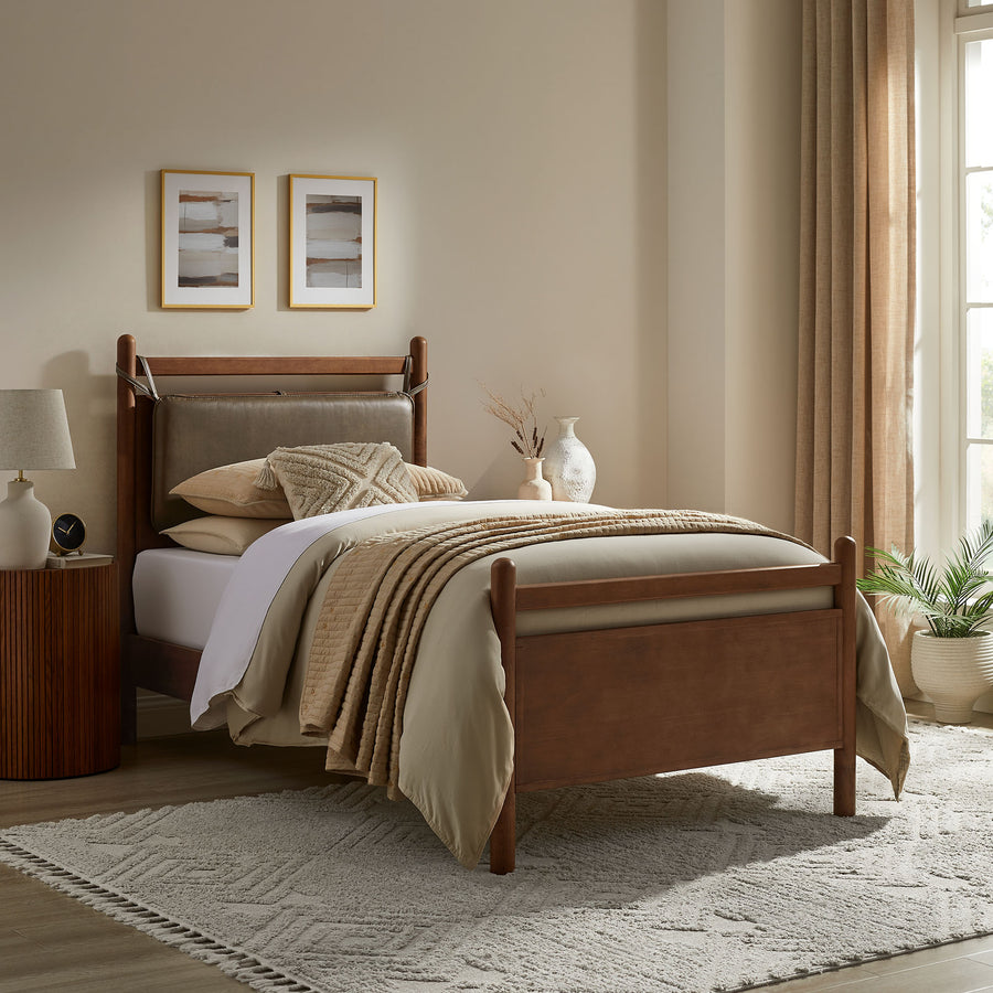 Loom Twin Size Vegan Leather and Wood Platform Bed Frame in Walnut Mushroom
