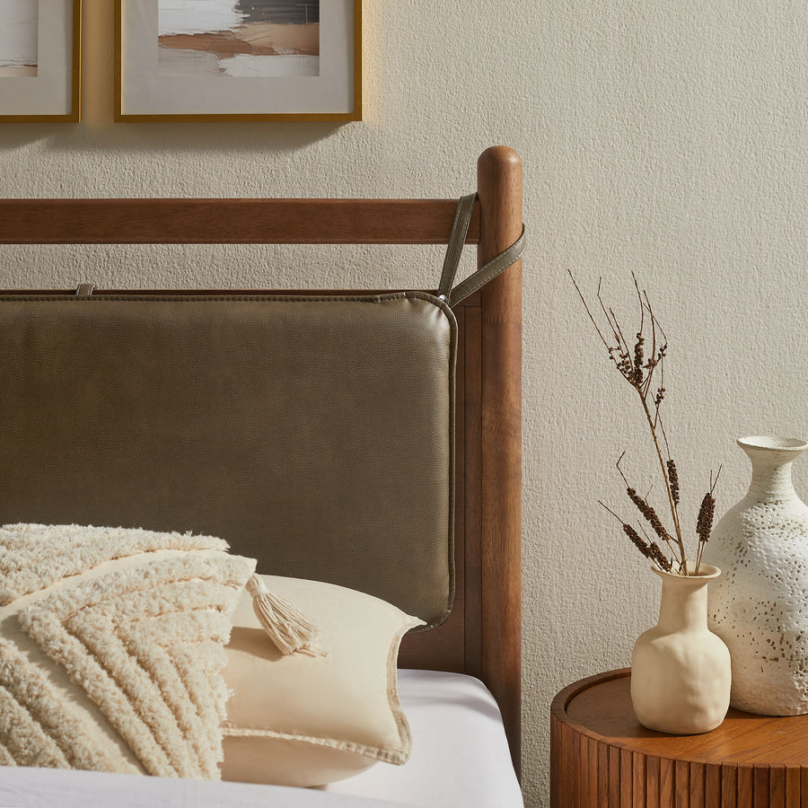 Loom Twin Size Vegan Leather and Wood Platform Bed Frame in Walnut Mushroom