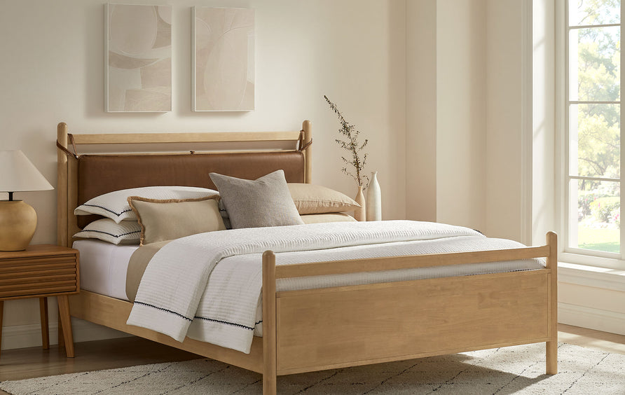 Loom Full Size Vegan Leather and Wood Platform Bed Frame in Light Oak Canyon