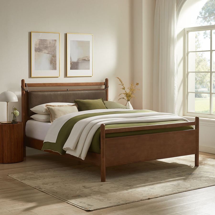 Loom Full Size Vegan Leather and Wood Platform Bed Frame in Walnut Mushroom
