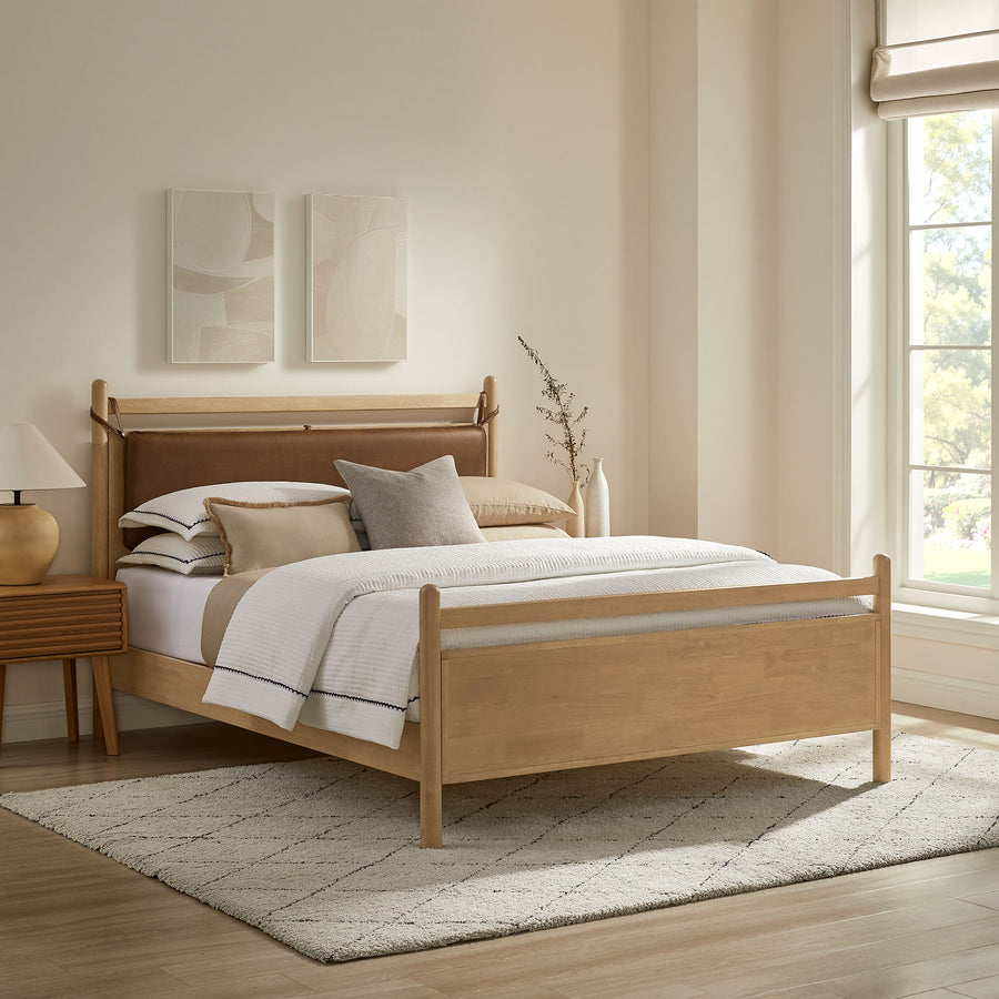 Loom Queen Size Vegan Leather and Wood Platform Bed Frame in Light Oak Canyon