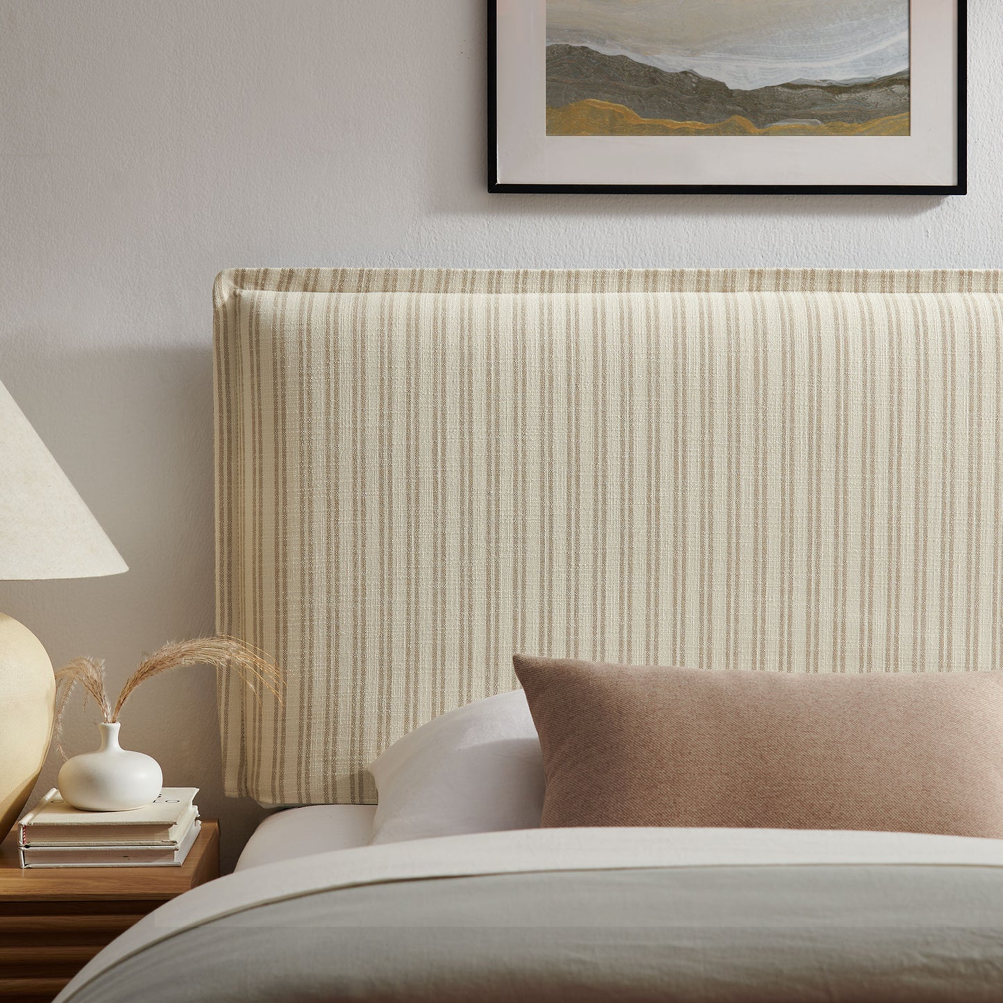 Slate Striped Linen Blend Twin Size Headboard in Oatmeal Stripe