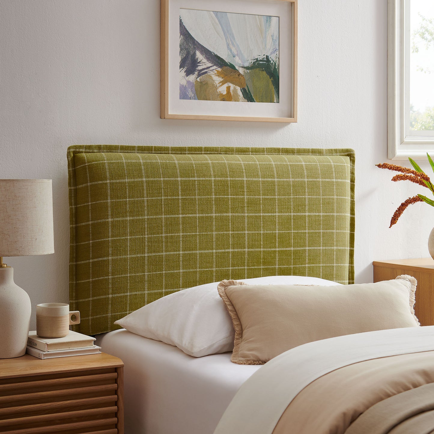 Slate Checkered Linen Blend Twin Size Headboard in Artichoke Windowpane Check
