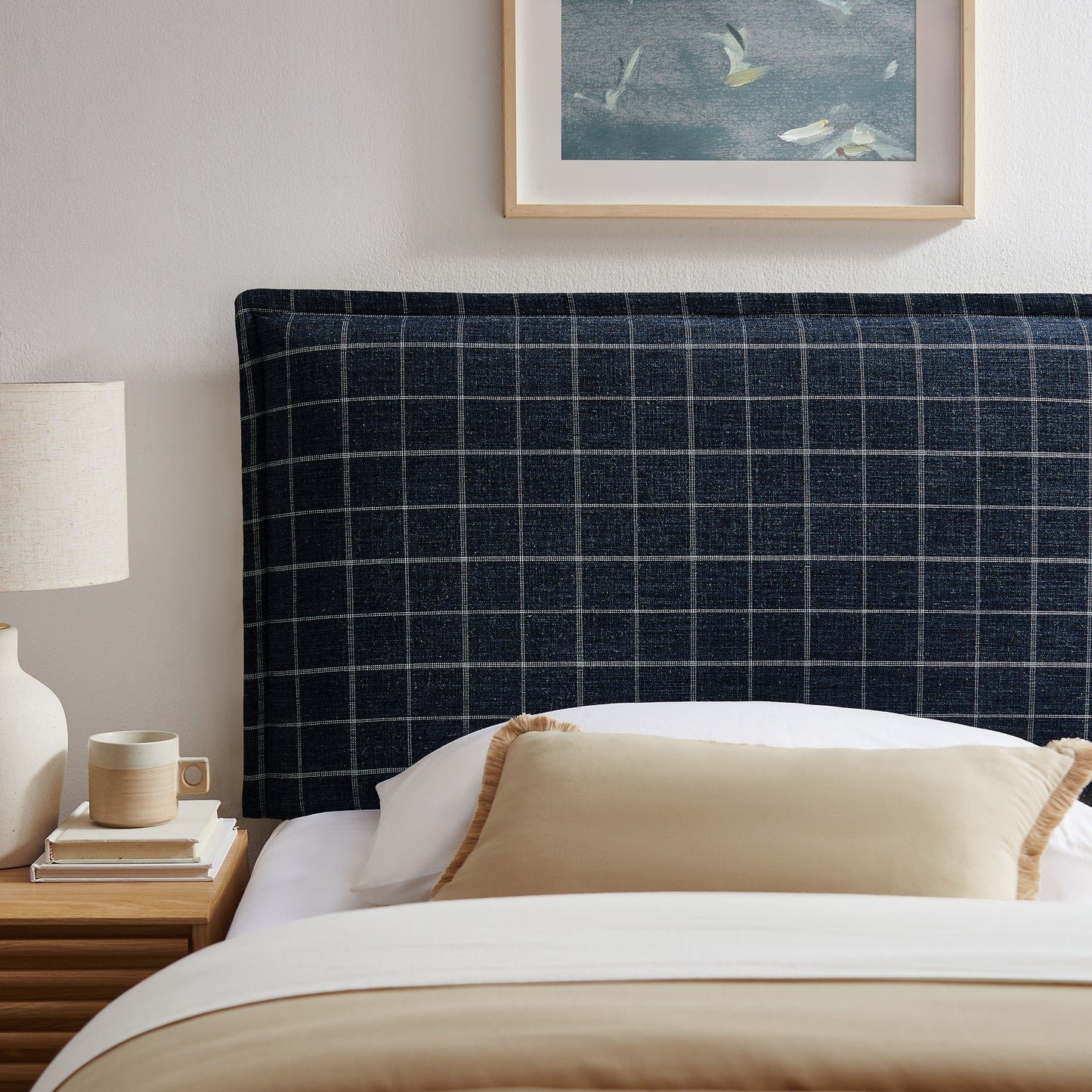 Slate Checkered Linen Blend Twin Size Headboard in Denim Windowpane Check