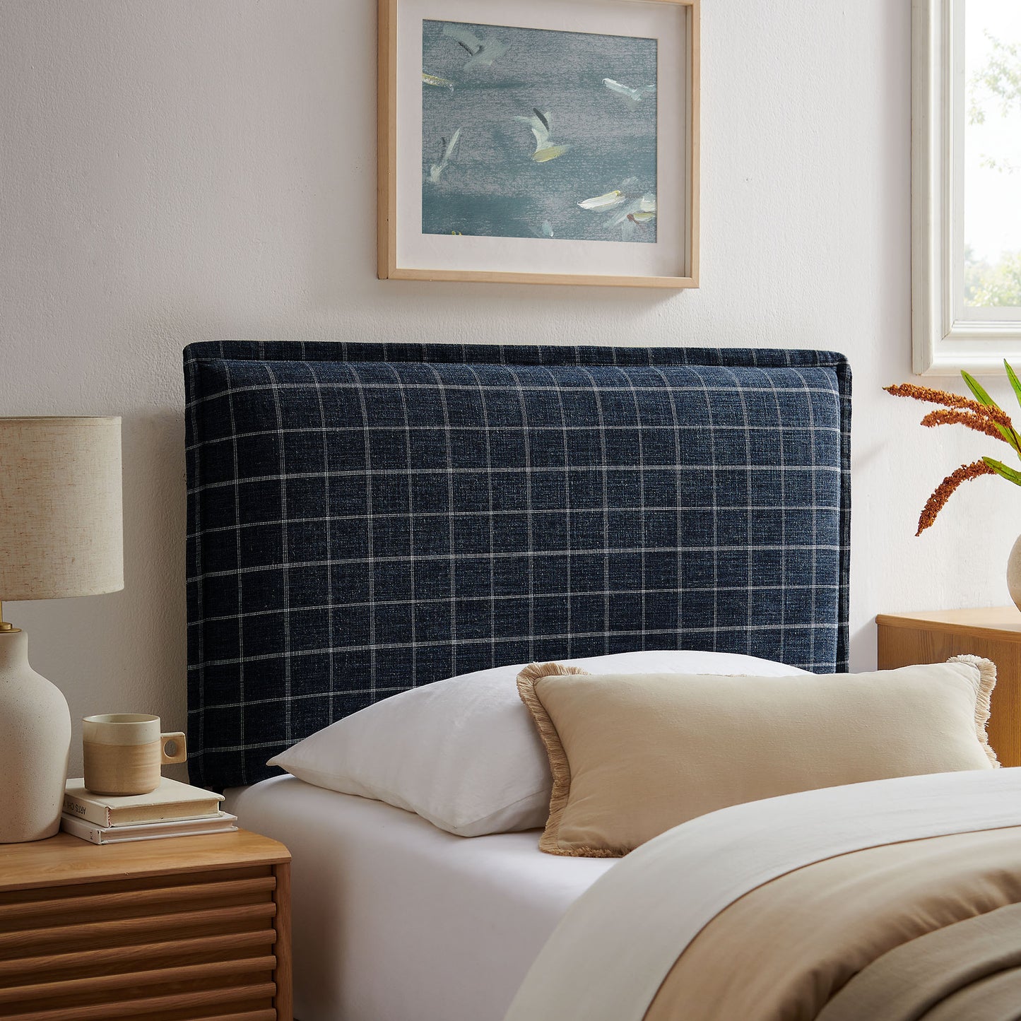 Slate Checkered Linen Blend Twin Size Headboard in Denim Windowpane Check