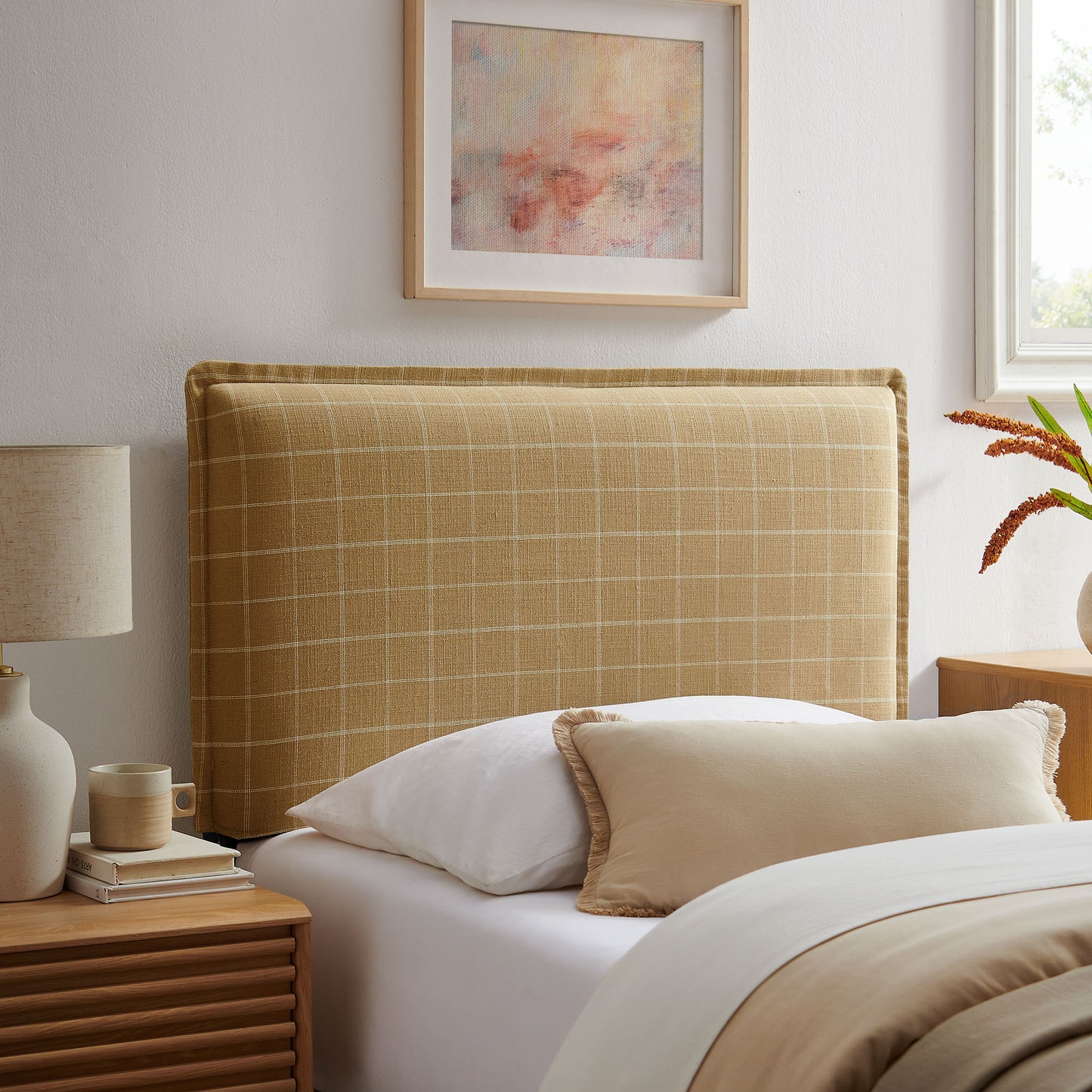 Slate Checkered Linen Blend Twin Size Headboard in Hemp Windowpane Check