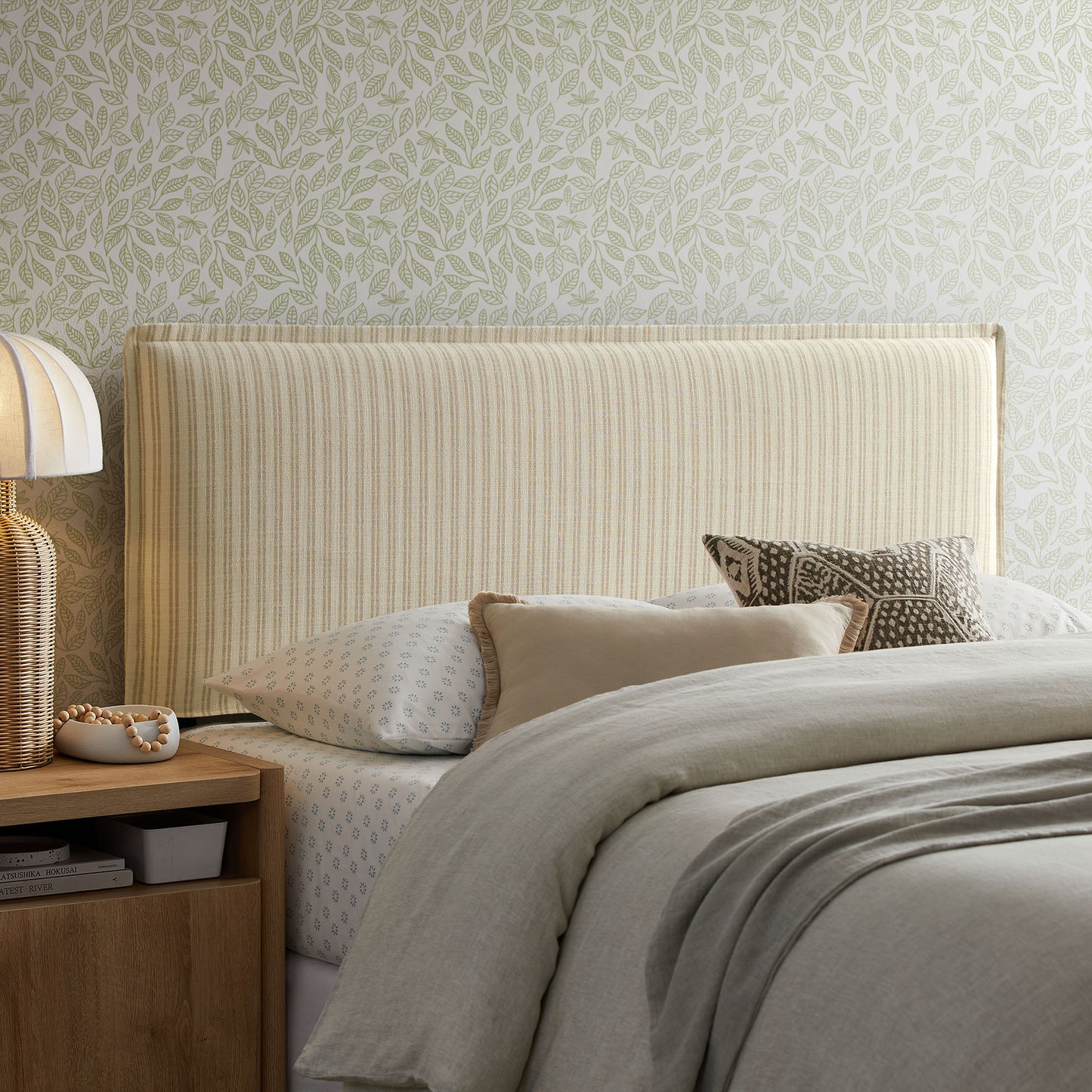 Slate Striped Linen Blend Full Size Headboard in Oatmeal Stripe