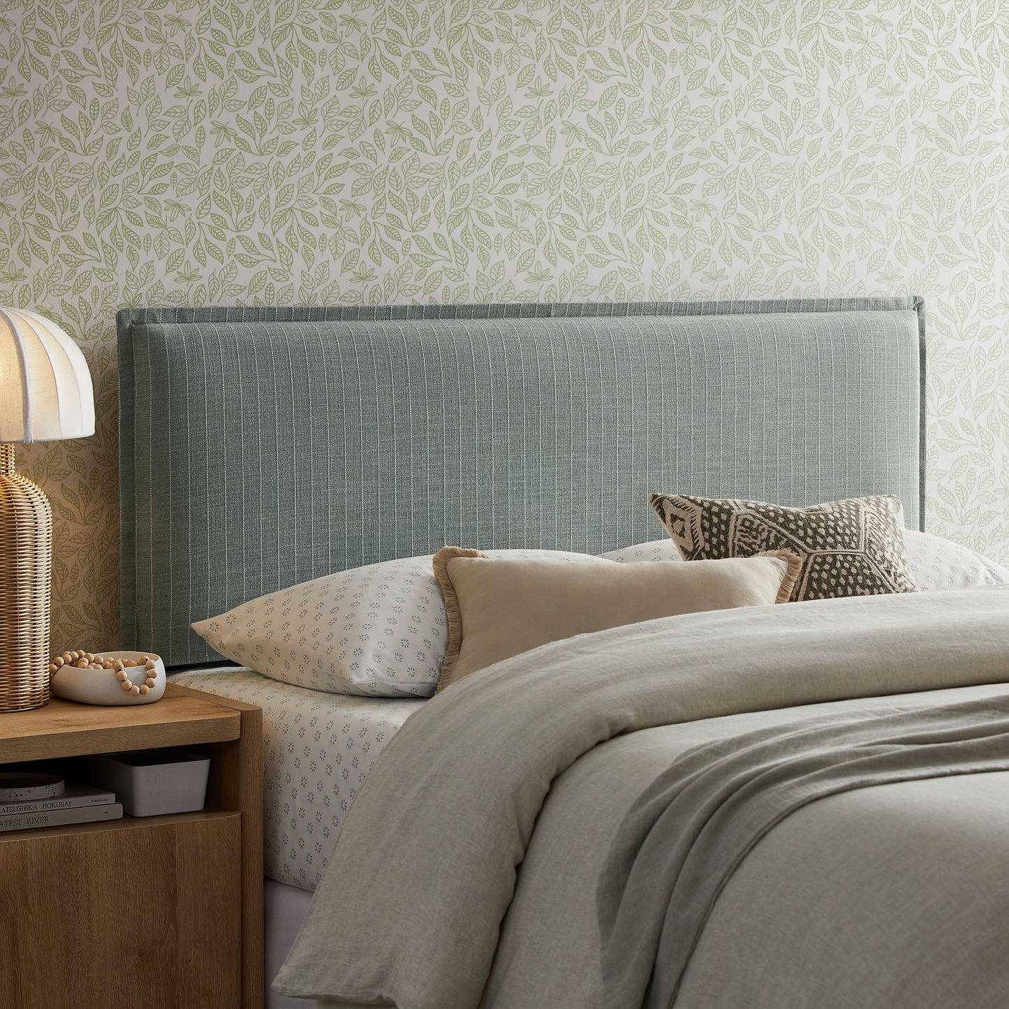 Slate Striped Linen Blend Full Size Headboard in Spa Blue Stripe