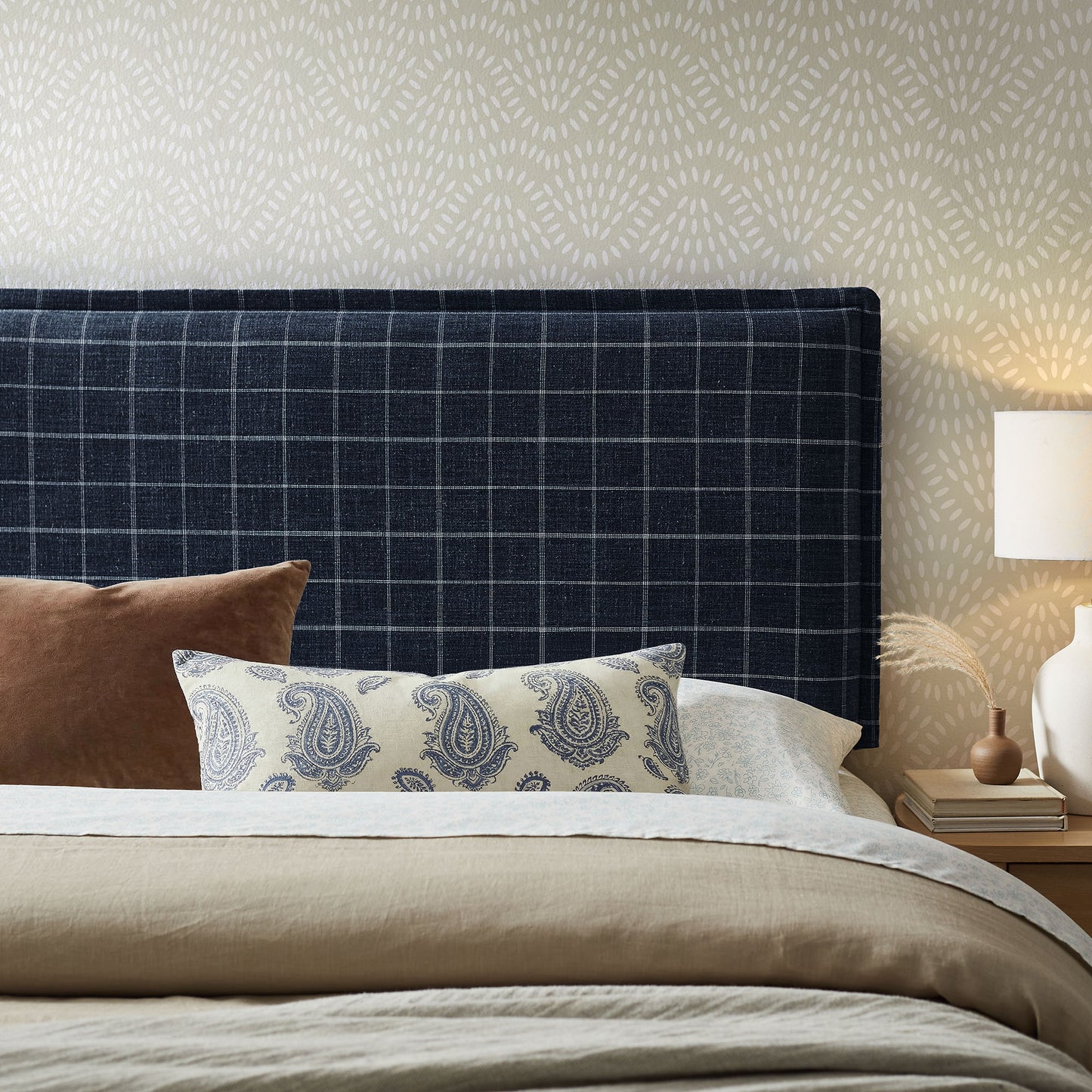 Slate Checkered Linen Blend Full Size Headboard in Denim Windowpane Check