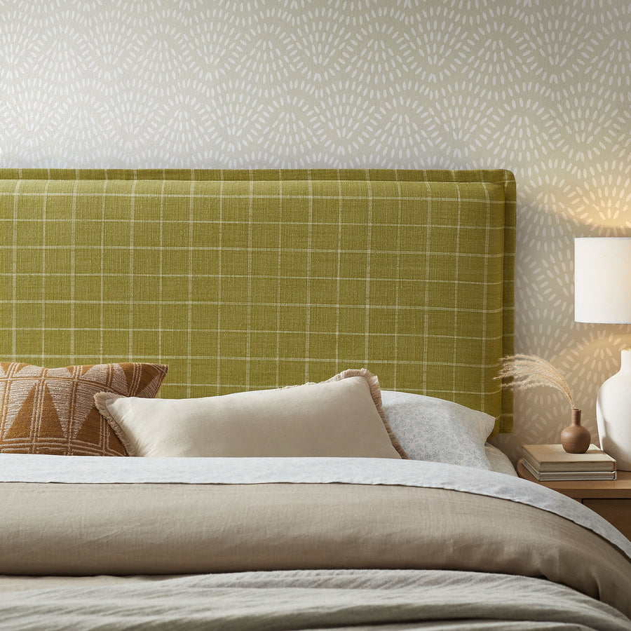Slate Checkered Linen Blend Queen Size Headboard in Artichoke Windowpane Check