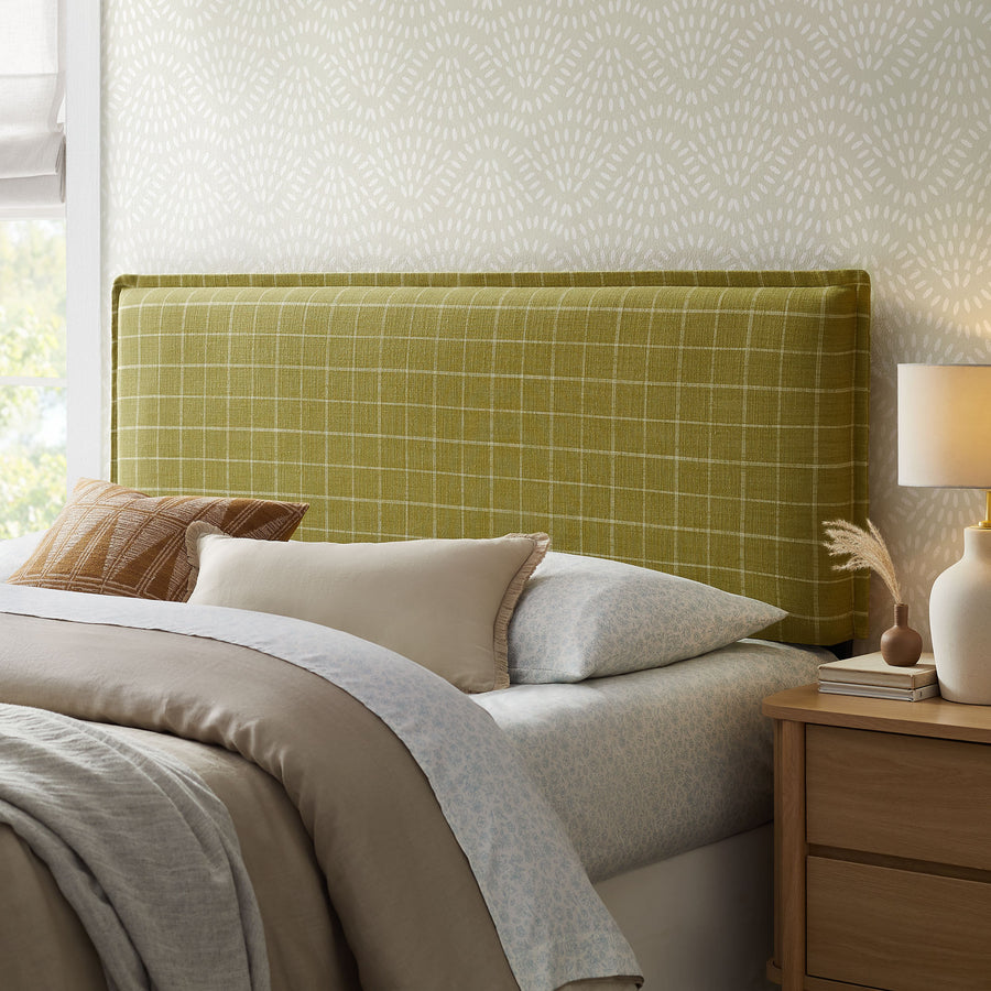 Slate Checkered Linen Blend Queen Size Headboard in Artichoke Windowpane Check