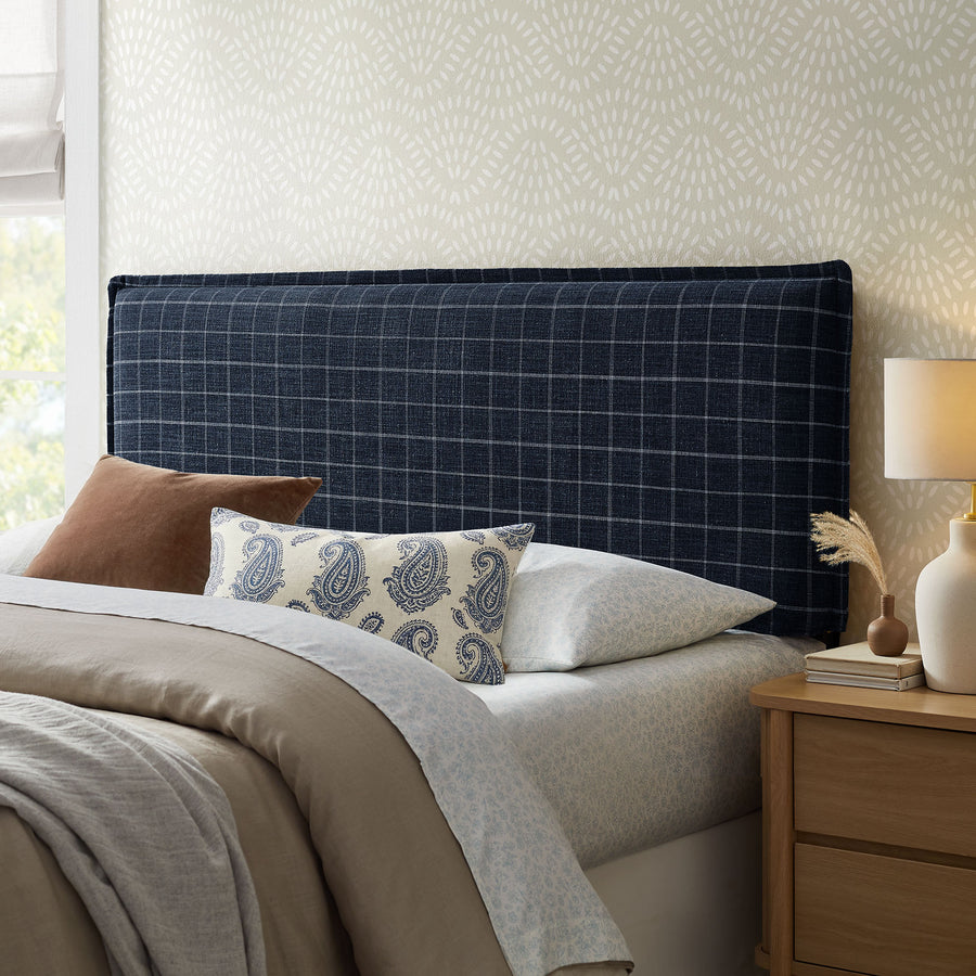 Slate Checkered Linen Blend Queen Size Headboard in Denim Windowpane Check
