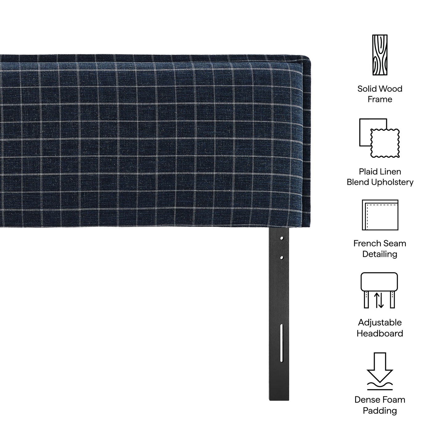 Slate Checkered Linen Blend Queen Size Headboard in Denim Windowpane Check