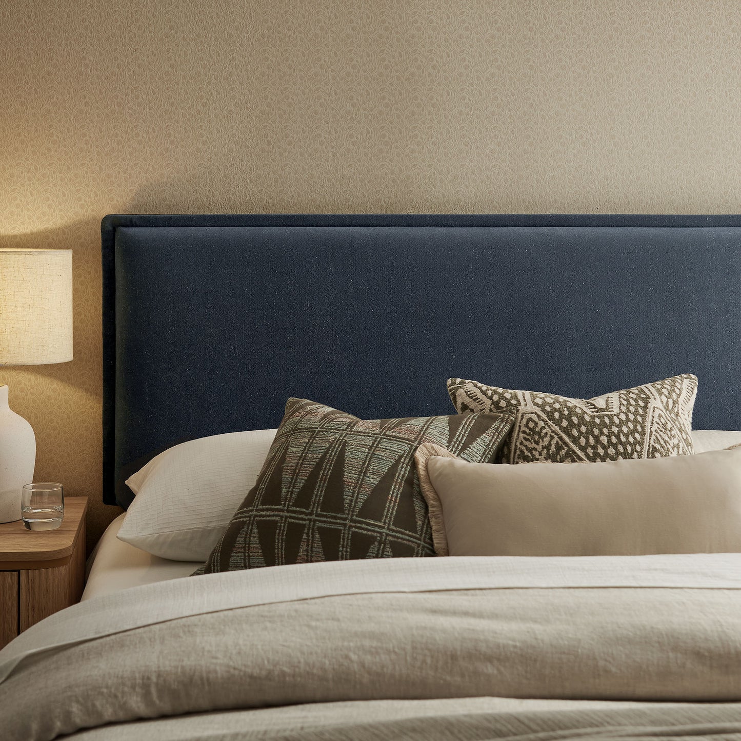 Slate Upholstered Linen Blend King Size Headboard in Denim