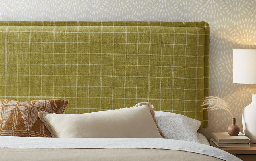 Slate Checkered Linen Blend King Size Headboard in Artichoke Windowpane Check