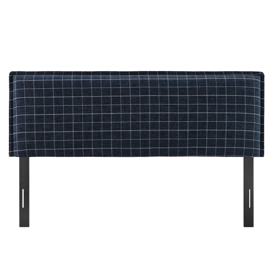 Slate Checkered Linen Blend King Size Headboard in Denim Windowpane Check
