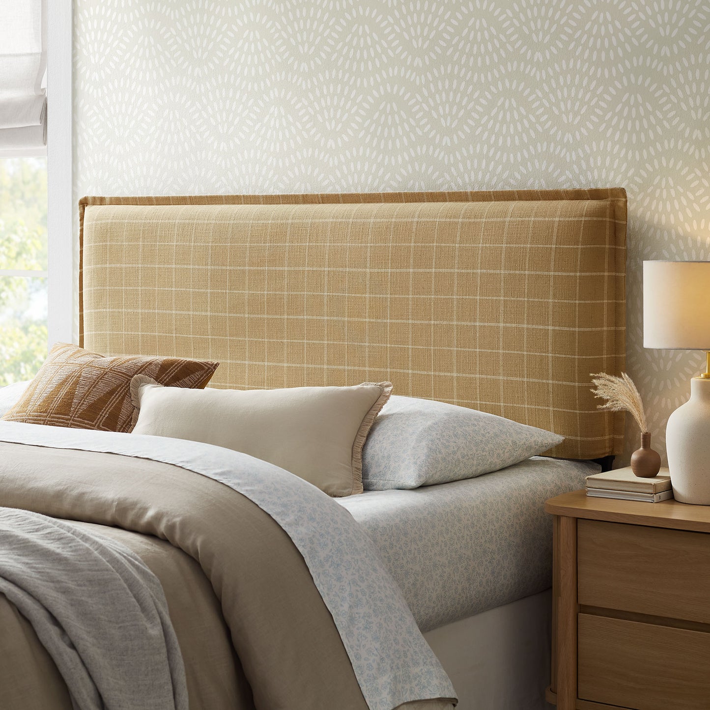 Slate Checkered Linen Blend King Size Headboard in Hemp Windowpane Check