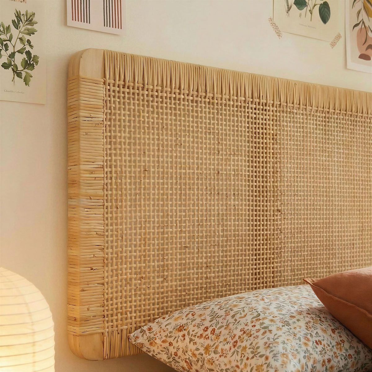 Toile Wall Mounted Wood and Rattan Twin Size Headboard in Natural Rattan