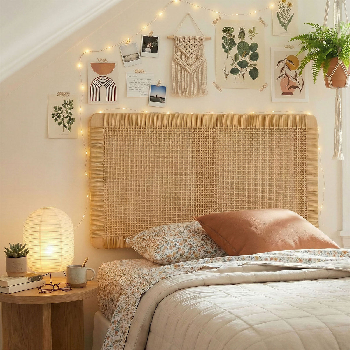 Toile Wall Mounted Wood and Rattan Twin Size Headboard in Natural Rattan
