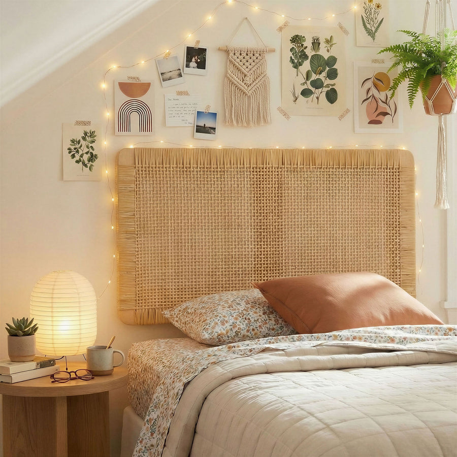 Toile Wall Mounted Wood and Rattan Twin Size Headboard in Natural Rattan