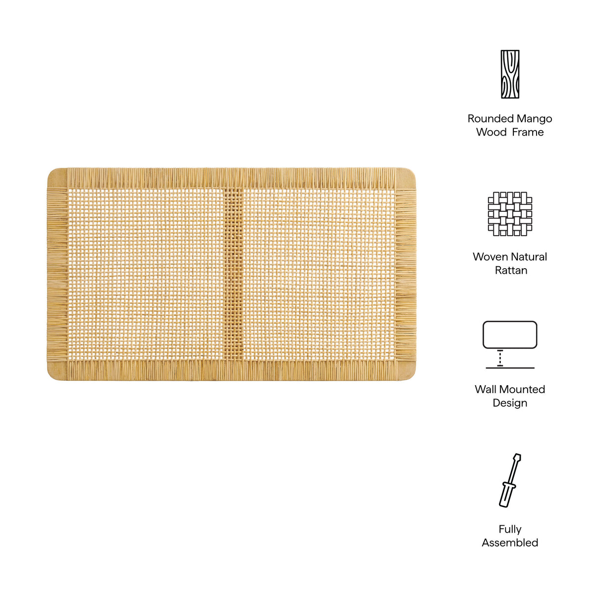Toile Wall Mounted Wood and Rattan Twin Size Headboard in Natural Rattan