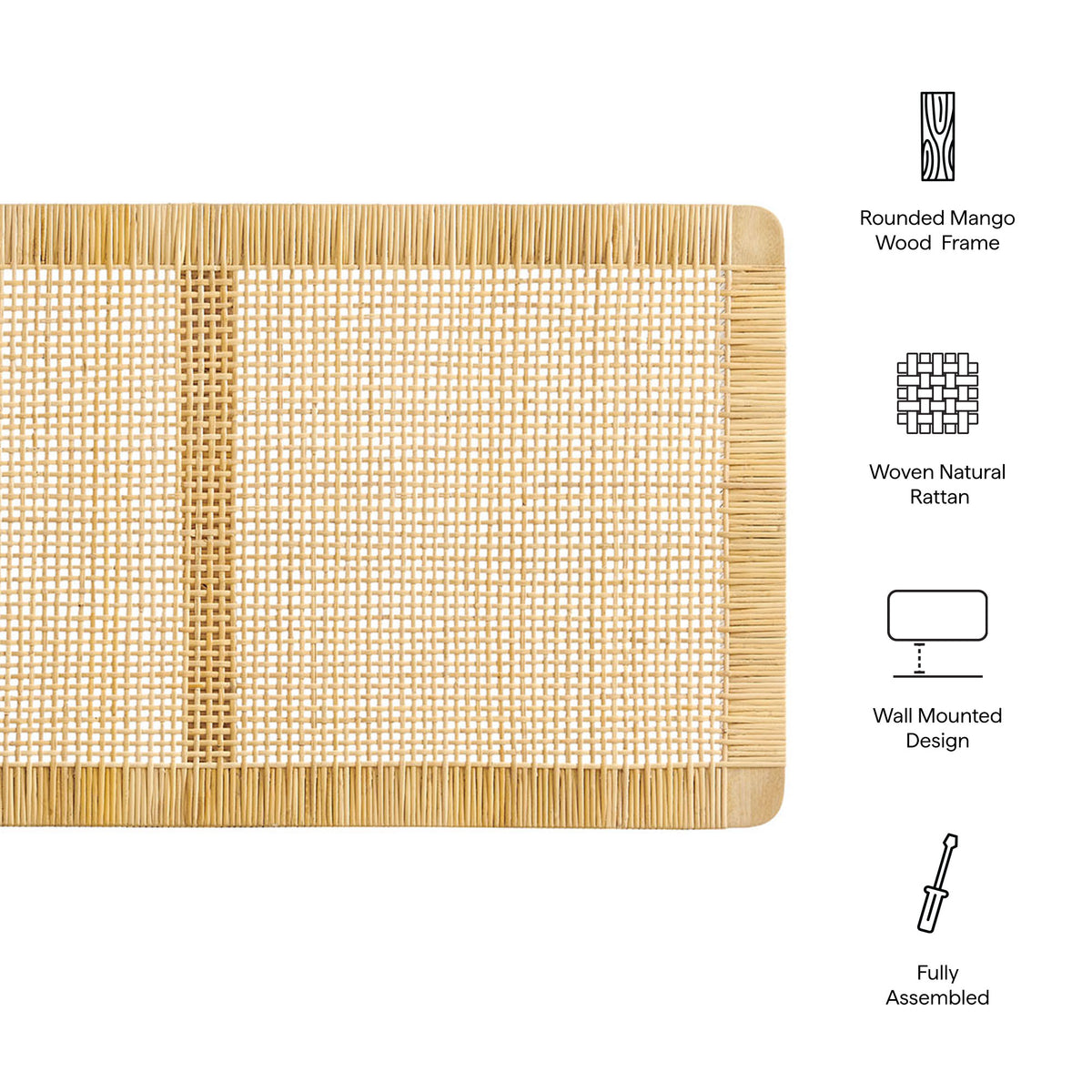 Toile Wall Mounted Wood and Rattan Full Size Headboard in Natural Rattan