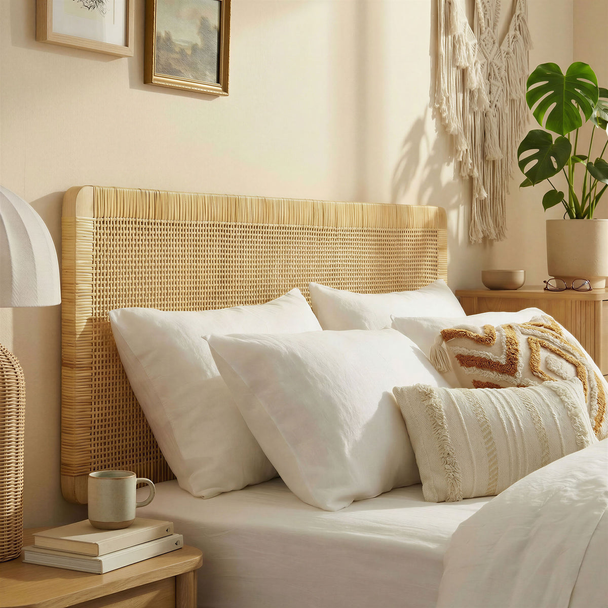 Toile Wall Mounted Wood and Rattan Queen Size Headboard in Natural Rattan