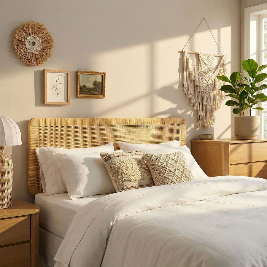 Toile Wall Mounted Wood and Rattan Queen Size Headboard in Natural Rattan