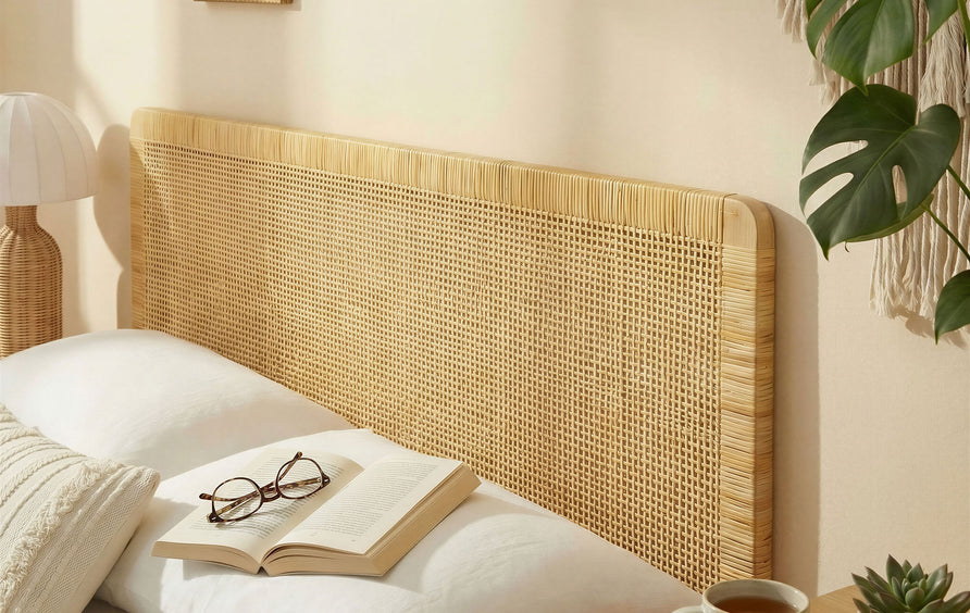 Toile Wall Mounted Wood and Rattan King Size Headboard in Natural Rattan