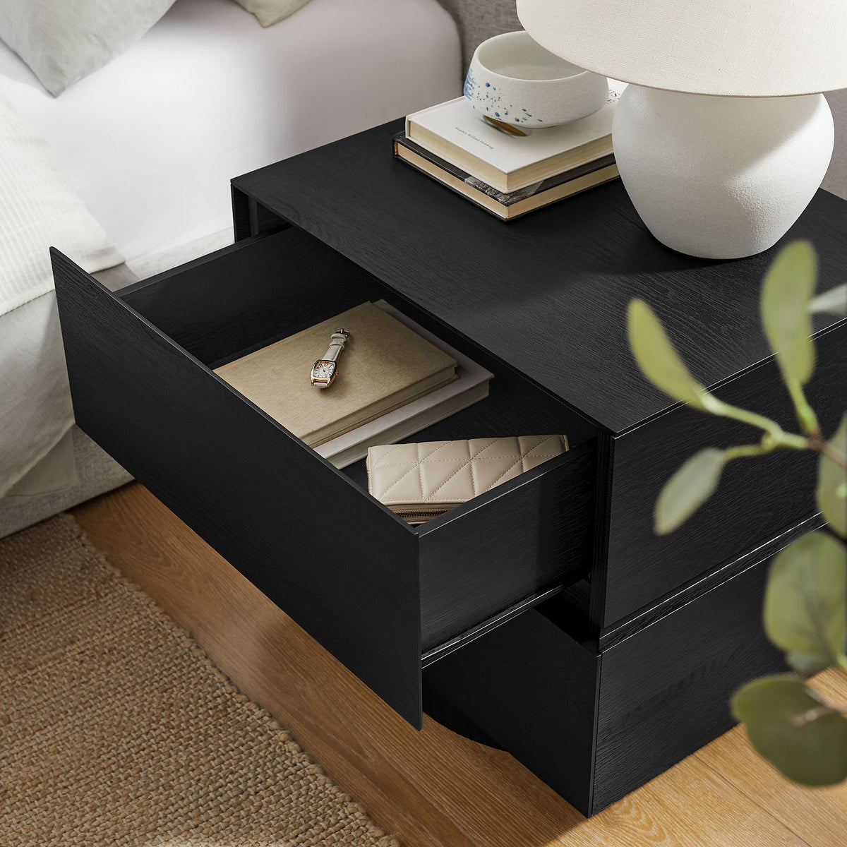 Koval Floating Pedestal 2-Drawer Nightstand in Black