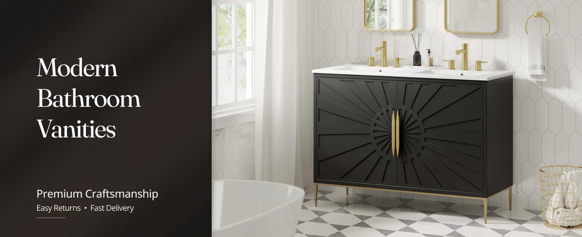 Modern floating bathroom vanity with a marble sink top and wood cabinet in a bright bathroom.