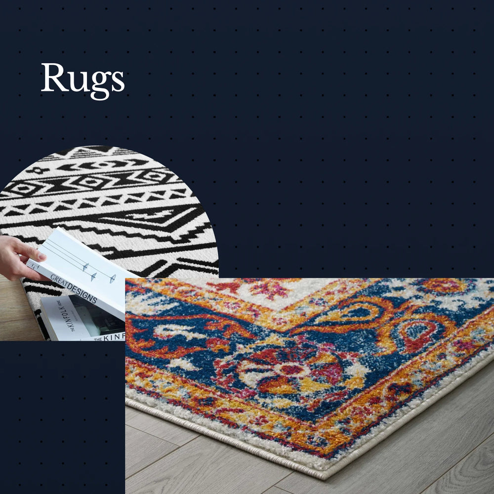 Two rugs with different designs on a dark background, one with geometric pattern and the other with colorful traditional design.
