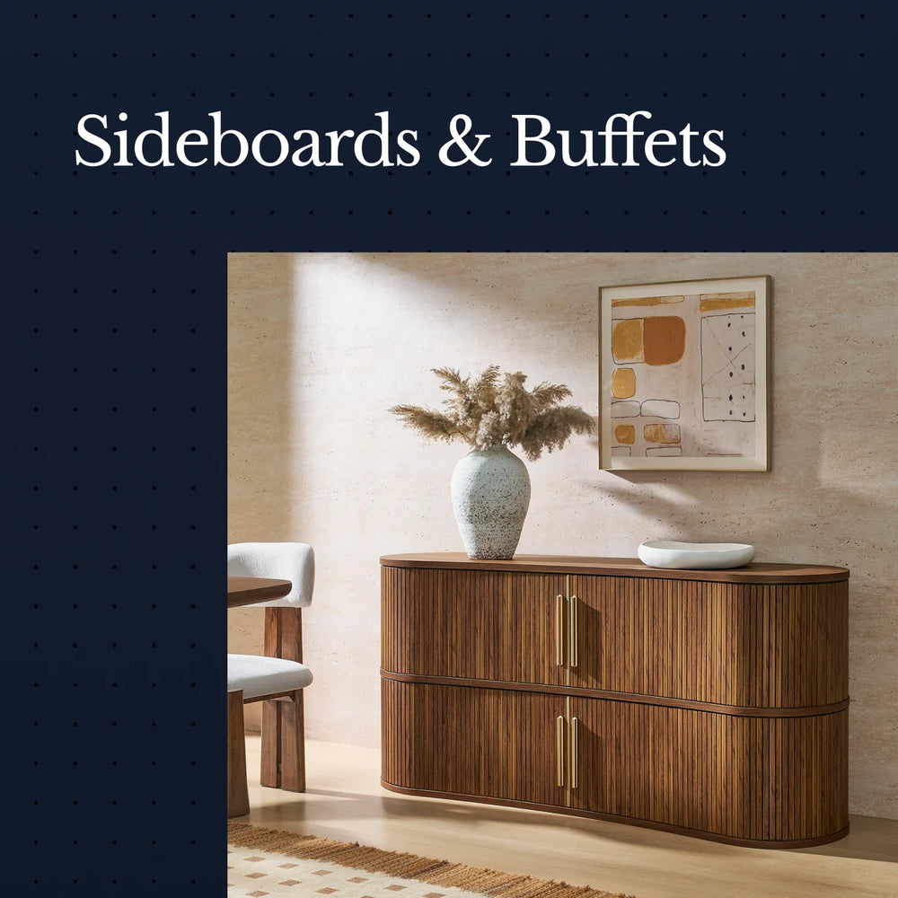 Wooden sideboard with decorative items in a room setting, featuring text 'Sideboards & Buffets'.