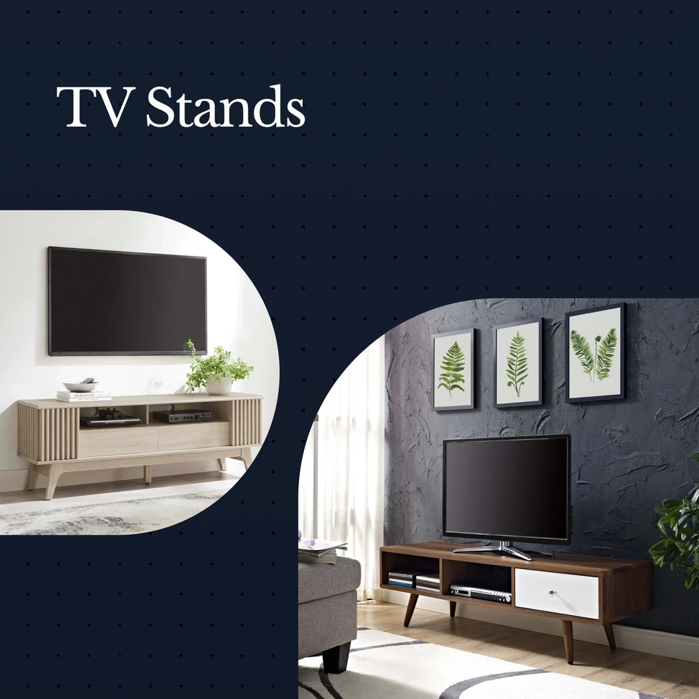 Two different TV stands with televisions in a living room setting, labeled 'TV Stands'.